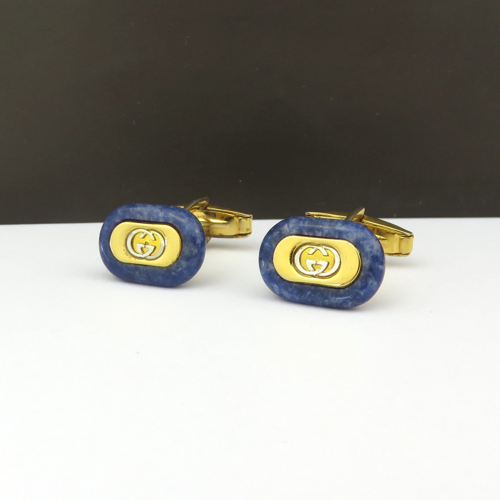 Gucci Vintage Gold Tone Metal Blue Stone GG Logo Cufflinks Made in Italy Rare