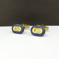 Gucci Vintage Gold Tone Metal Blue Stone GG Logo Cufflinks Made in Italy Rare