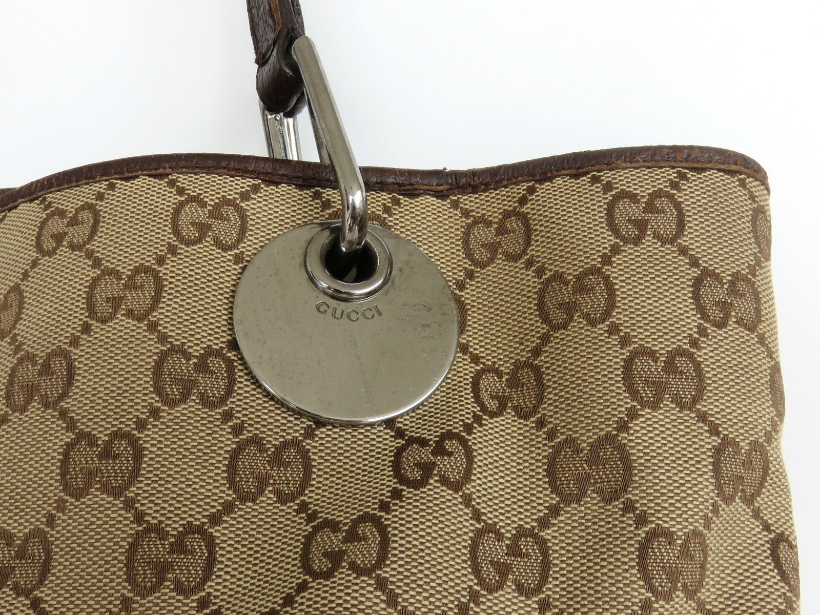 GUCCI Brown Original GG Canvas Leather Tote Handbag Shoulder Bag Purse