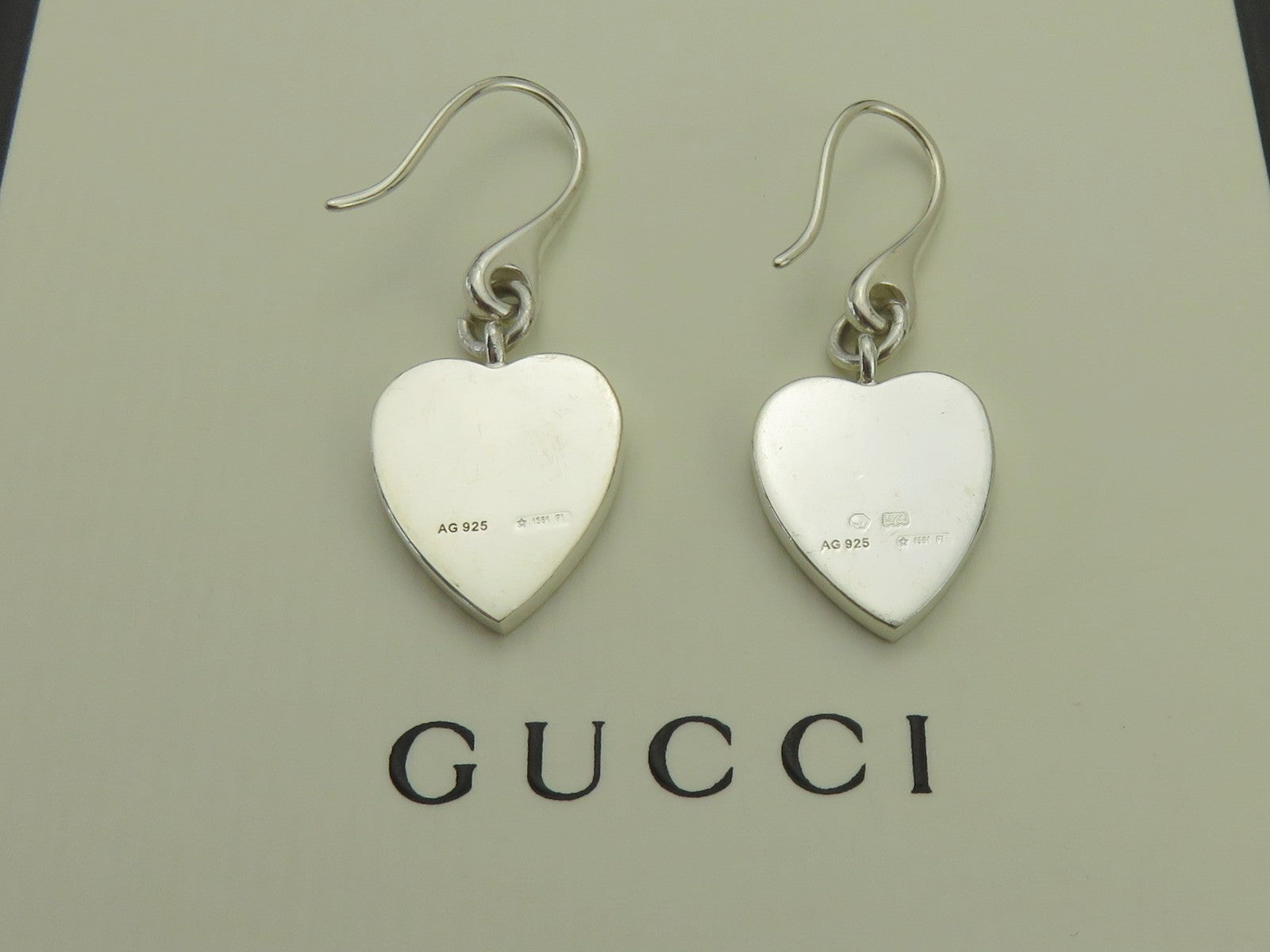 Gucci Sterling Silver Trademark Heart Dangle Earrings Price Includes US Tariff