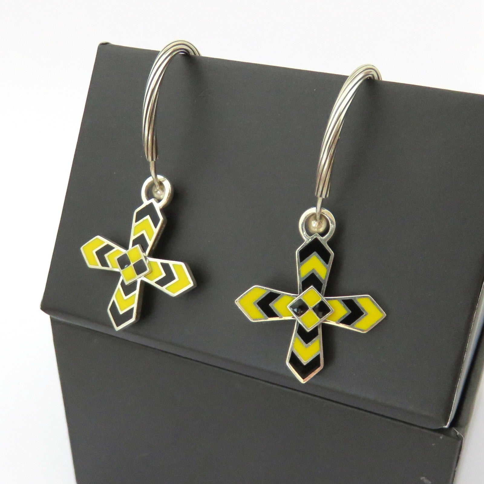 Gucci 925 Silver Black Yellow Enamel Cross Hoop Clip-on Earrings with Pouch Box