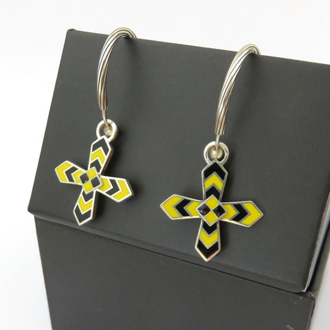 Gucci 925 Silver Black Yellow Enamel Cross Hoop Clip-on Earrings with Pouch Box
