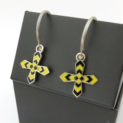 Gucci 925 Silver Black Yellow Enamel Cross Hoop Clip-on Earrings with Pouch Box