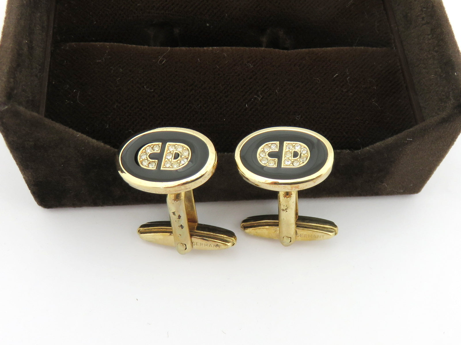 Christian Dior Gold Tone Metal Black Enamel Rhinestone CD Logo Cufflinks
