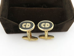 Christian Dior Gold Tone Metal Black Enamel Rhinestone CD Logo Cufflinks