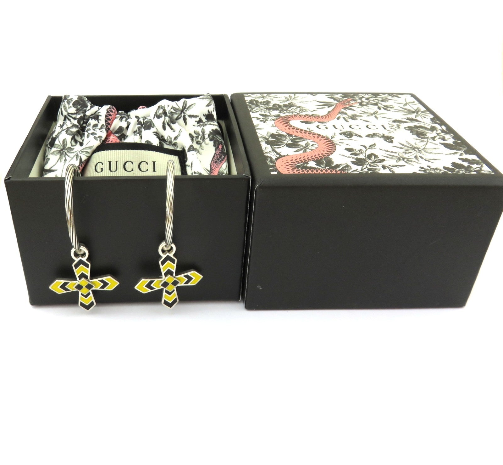 Gucci 925 Silver Black Yellow Enamel Cross Hoop Clip-on Earrings with Pouch Box