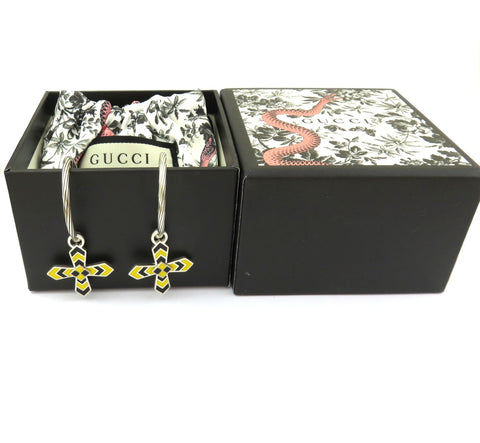Gucci 925 Silver Black Yellow Enamel Cross Hoop Clip-on Earrings with Pouch Box