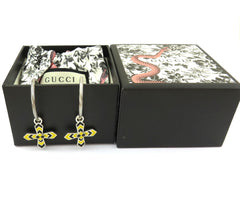 Gucci 925 Silver Black Yellow Enamel Cross Hoop Clip-on Earrings with Pouch Box