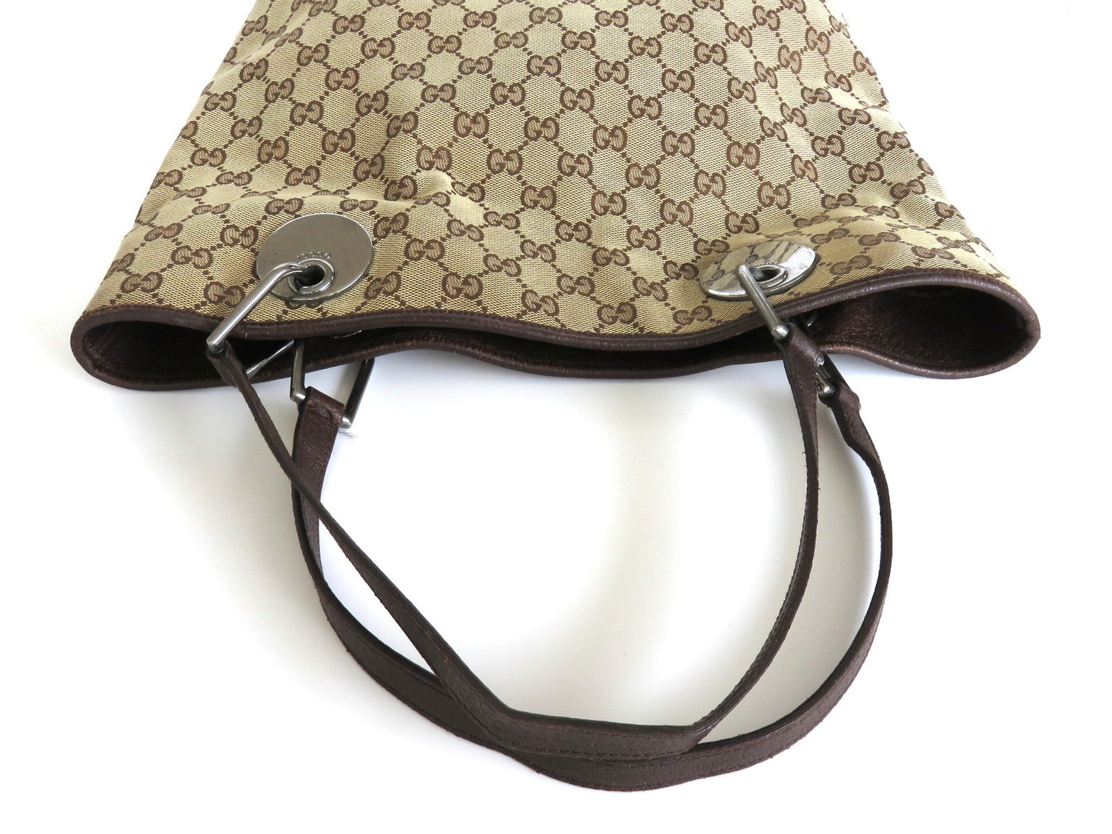 GUCCI Brown Original GG Canvas Leather Tote Handbag Shoulder Bag Purse