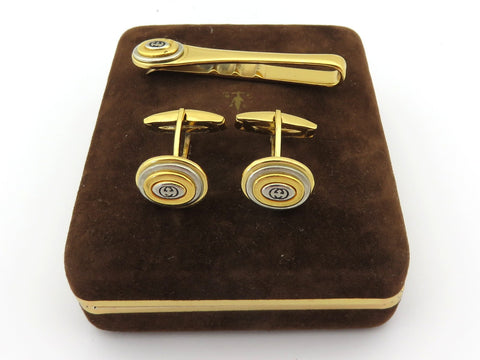 Gucci Vintage Gold Silver Tone Metal GG Oval Cufflinks Tie Clip Set