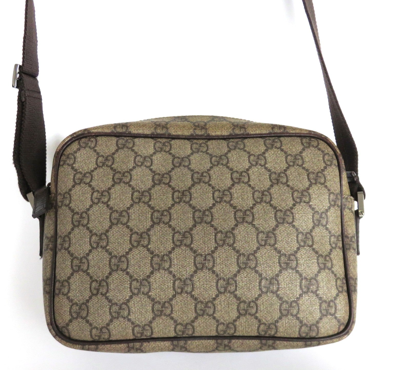 Authentic GUCCI Brown GG Monogram Canvas Leather Unisex Cross Body Bag Purse