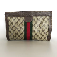 Gucci Vintage Brown GG Monogram Canvas Leather Unisex Clutch Bag Authentic