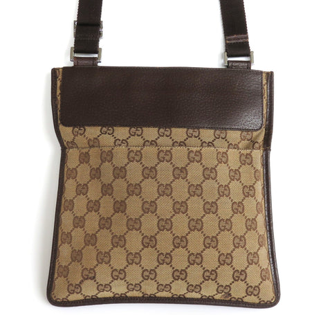 Authentic GUCCI Brown GG Monogram Canvas Leather Unisex Cross Body Bag Purse
