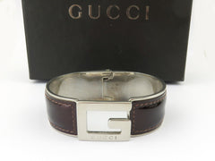 GUCCI Bordeaux Leather Metal G Logo Bangle Bracelet Price Includes US Tariff