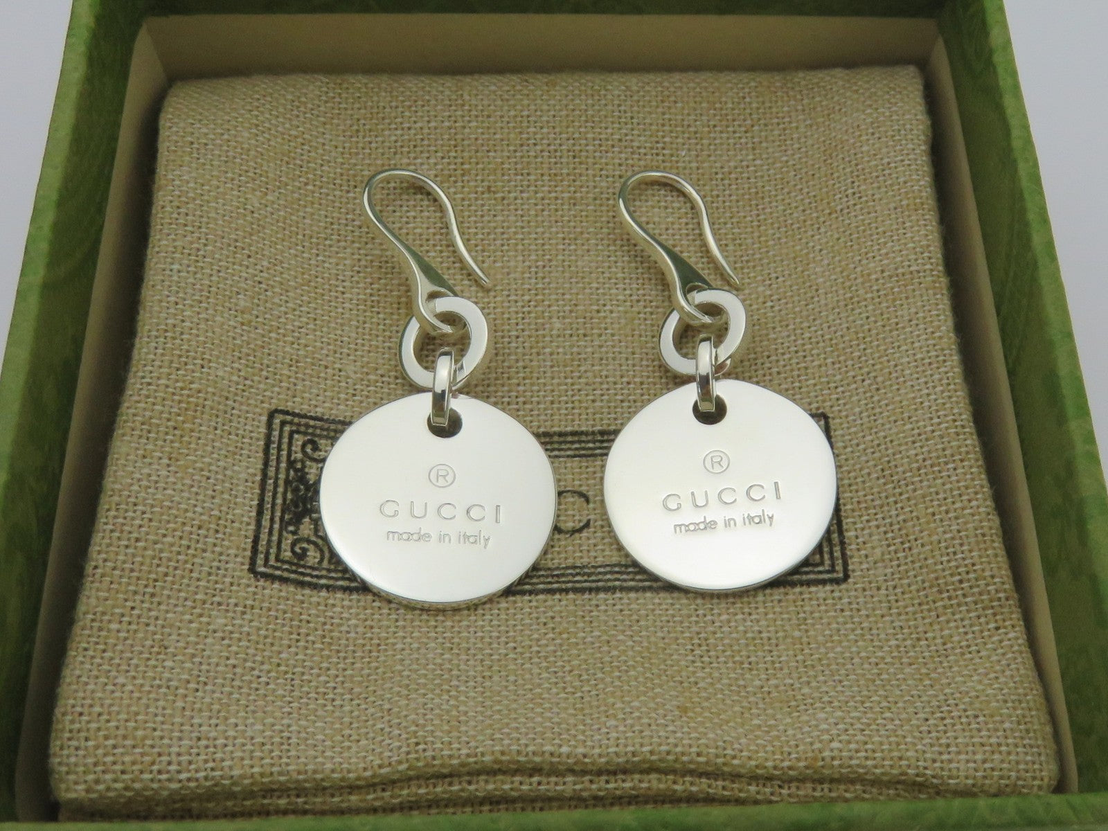 Gucci Sterling Silver Trademark Round Dangle Earrings New with Gucci Pouch Box
