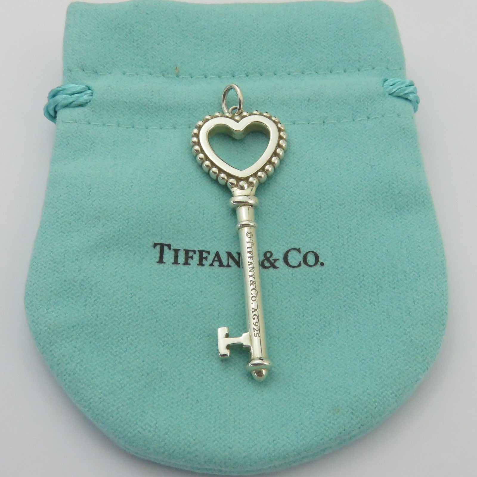 Tiffany & Co 925 Silver Blue Enamel Large Beaded Heart Key Pendant Charm