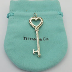 Tiffany & Co 925 Silver Blue Enamel Large Beaded Heart Key Pendant Charm