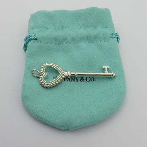 Tiffany & Co 925 Silver Blue Enamel Large Beaded Heart Key Pendant Charm Pouch