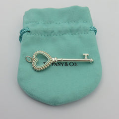 Tiffany & Co 925 Silver Blue Enamel Large Beaded Heart Key Pendant Charm Pouch