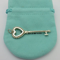 Tiffany & Co 925 Silver Blue Enamel Large Beaded Heart Key Pendant Charm