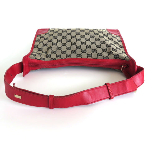GUCCI Grey Red GG Monogram Canvas Leather Shoulder Bag Handbag Purse Authentic