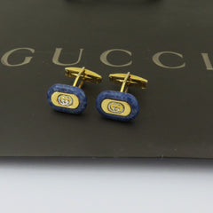 Gucci Vintage Gold Tone Metal Blue Stone GG Logo Cufflinks Made in Italy Rare