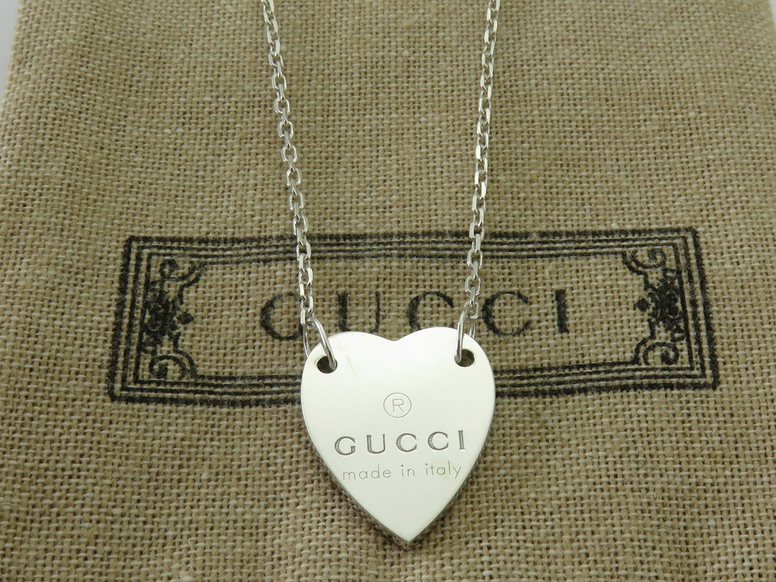 Gucci Sterling Silver Trademark Heart Pendant Necklace Price Includes US Tariff