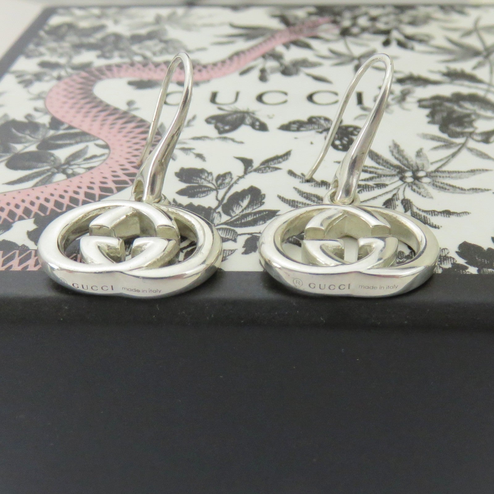 Gucci 925 Silver Interlocking G Dangle Earrings Authentic with Box Italy