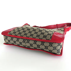 GUCCI Grey Red GG Monogram Canvas Leather Shoulder Bag Handbag Purse Authentic