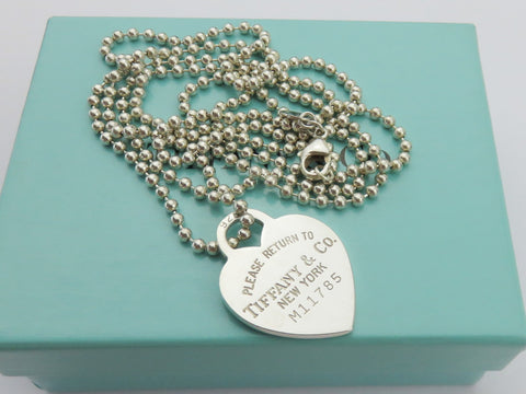 TIFFANY & CO Silver Return to Tiffany Heart Tag Long Beaded Chain Necklace