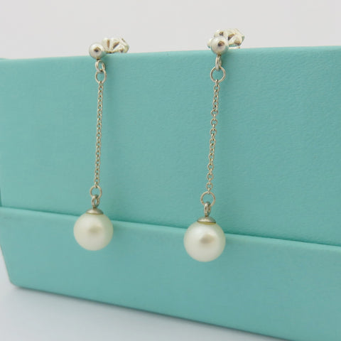 TIFFANY & CO 925 Silver Ziegfeld Fresh Water Pearl Drop Earrings with Box