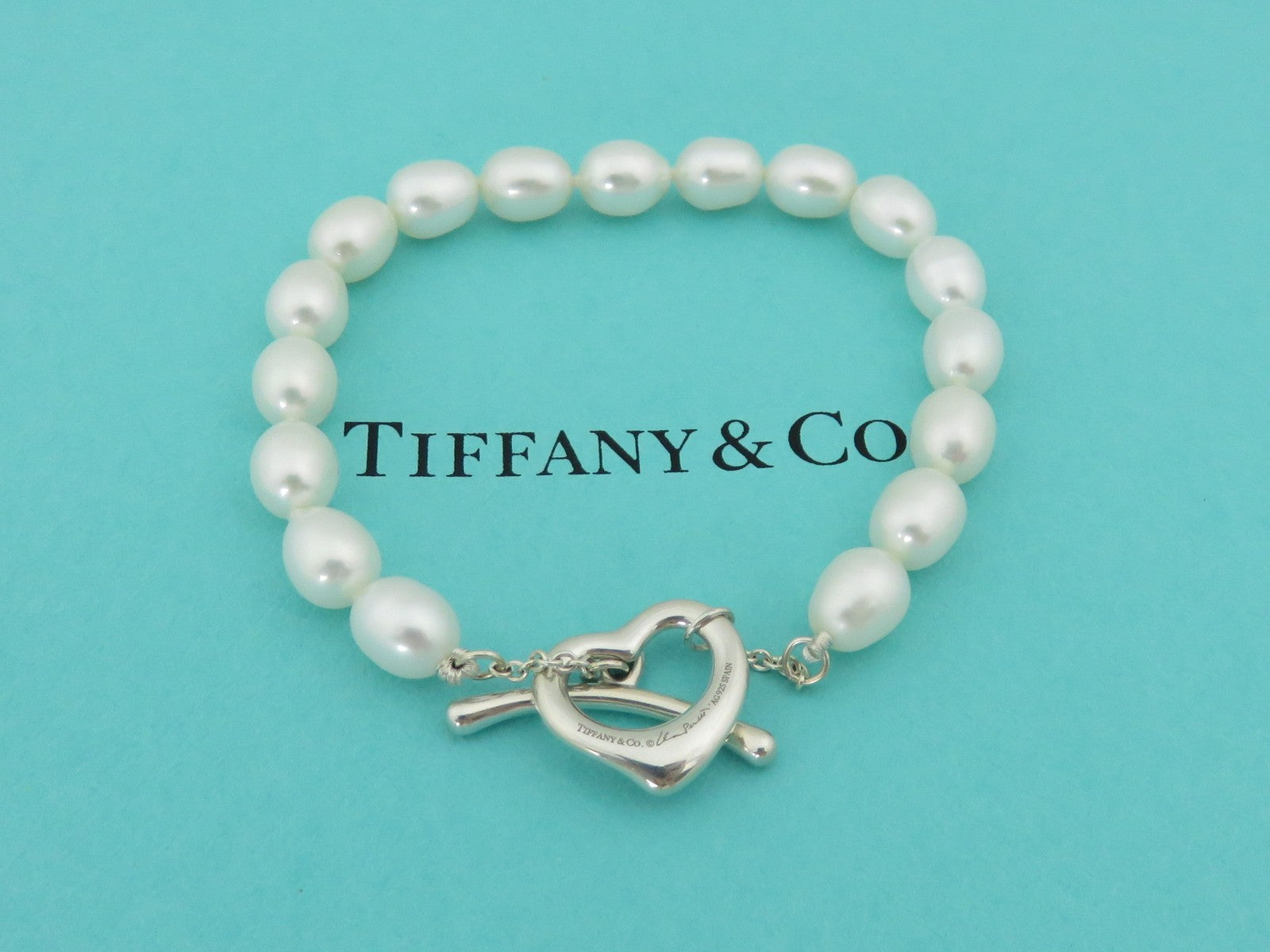 TIFFANY & CO Sterling Silver Open Heart Pearl Toggle Bracelet RRP AU$2350