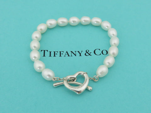 TIFFANY & CO Sterling Silver Open Heart Pearl Toggle Bracelet RRP AU$2350