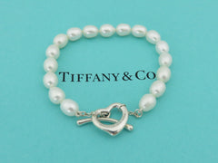 TIFFANY & CO Sterling Silver Open Heart Pearl Toggle Bracelet RRP AU$2350