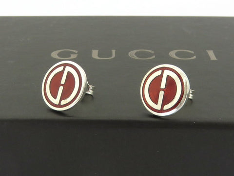 Gucci Sterling Silver Red Enamel GG Round Earrings Rare Price Includes US Tariff