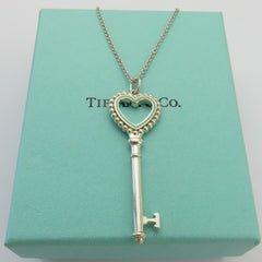Tiffany & Co 925 Silver Blue Enamel Large Beaded Heart Key Pendant Necklace