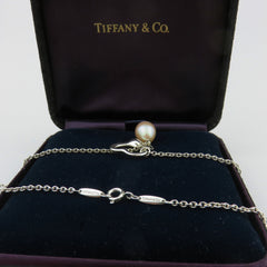 TIFFANY & CO 925 Silver Open Heart 9 mm Pearl Lariat Necklace w/ Jewelry Box