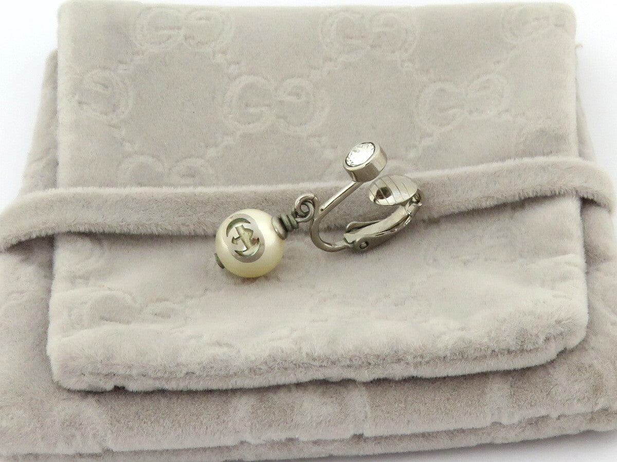Gucci Silver Tone Metal Crystal Interlocking G Pearl  Dangle Single Earring