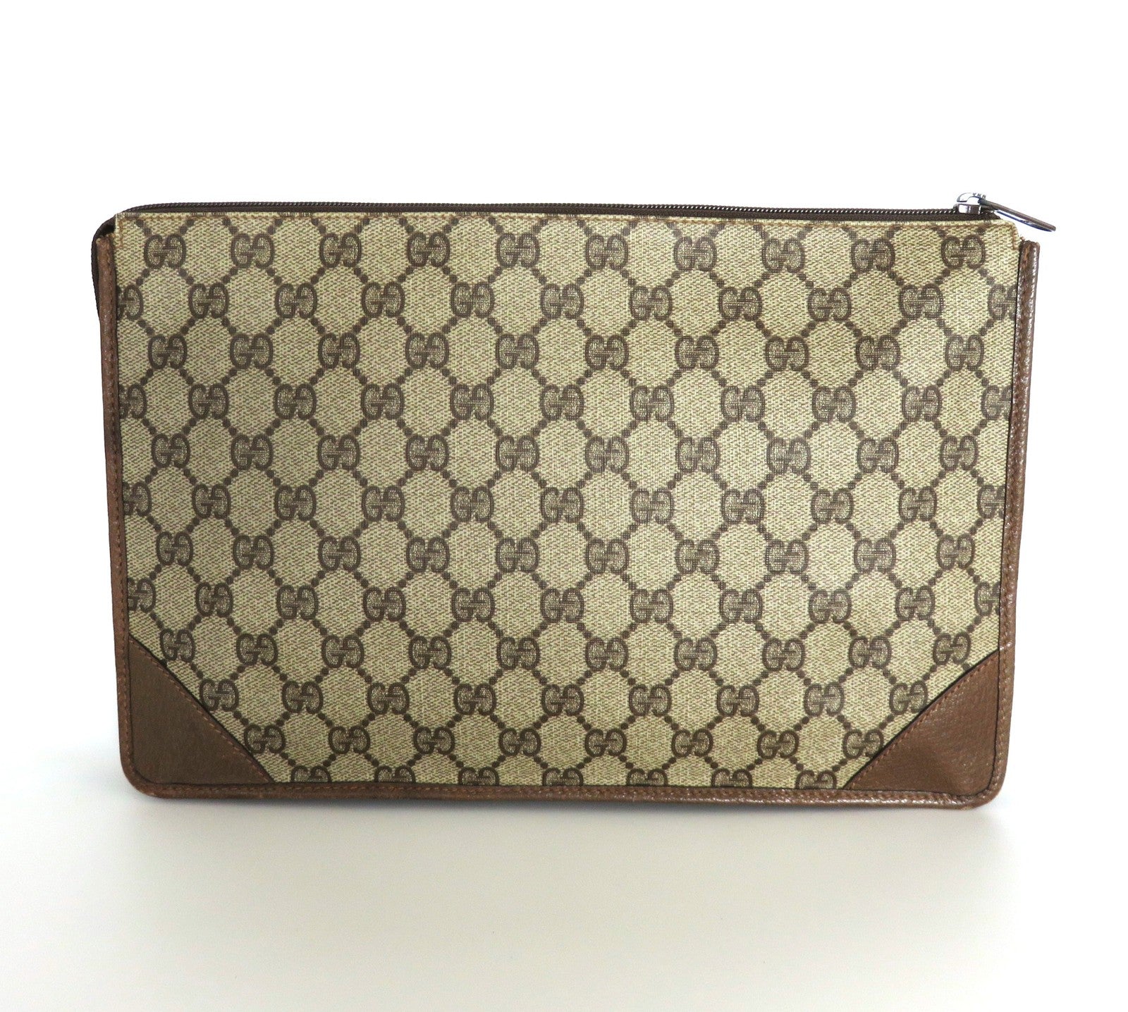 Gucci Vintage Brown GG Monogram Canvas Leather Unisex Clutch Bag Authentic Italy