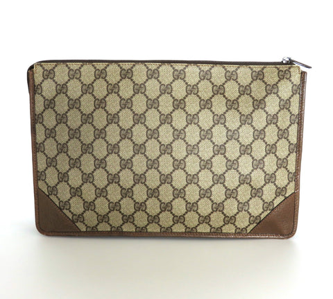 Gucci Vintage Brown GG Monogram Canvas Leather Unisex Clutch Bag Authentic Italy