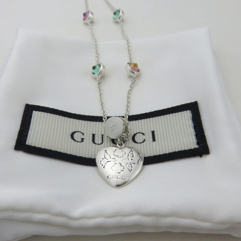 Gucci 925 Silver Red Green Rhinestones Blind for Love Heart Necklace Authentic