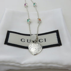 Gucci 925 Silver Red Green Rhinestones Blind for Love Heart Necklace Authentic