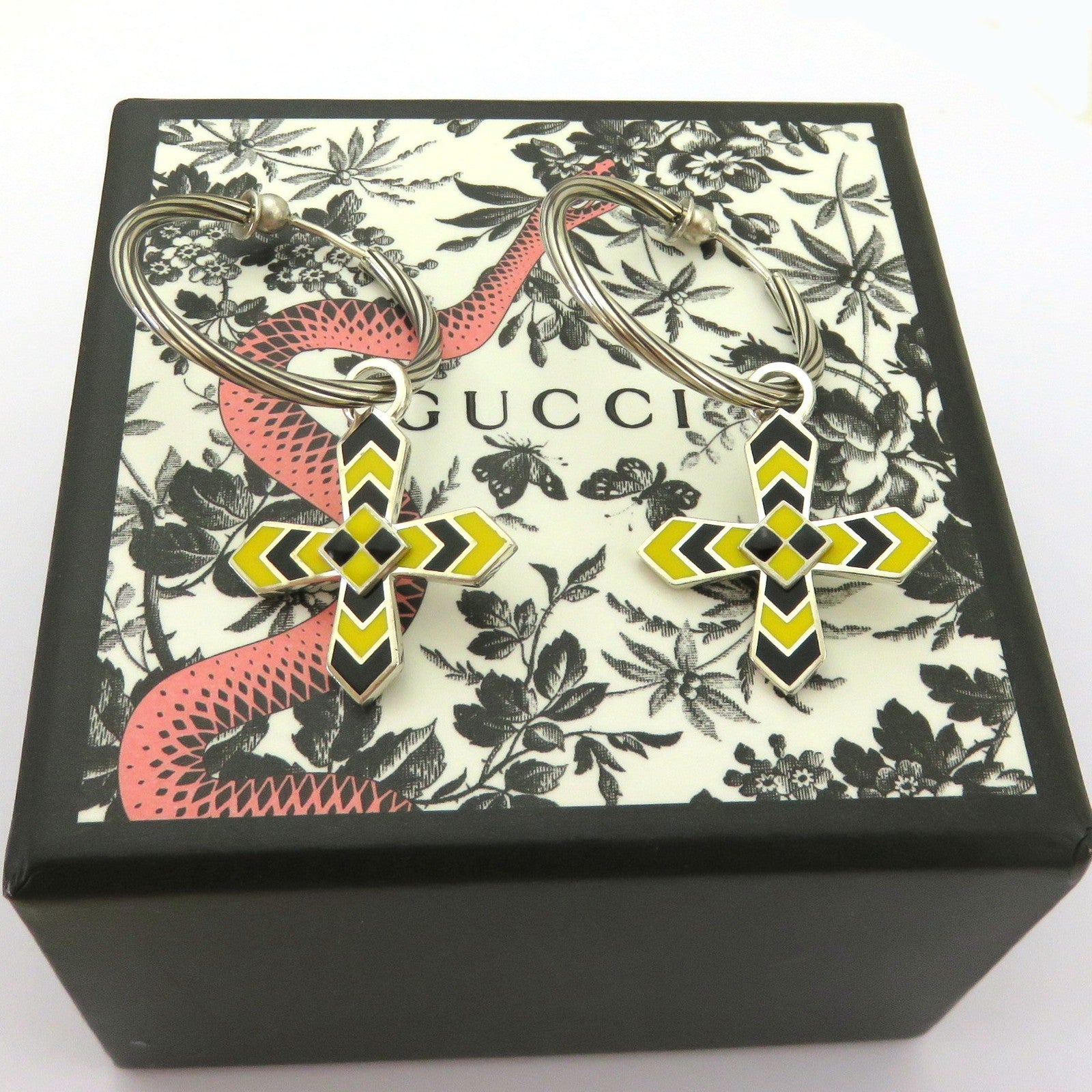 Gucci 925 Silver Black Yellow Enamel Cross Hoop Clip-on Earrings with Pouch Box