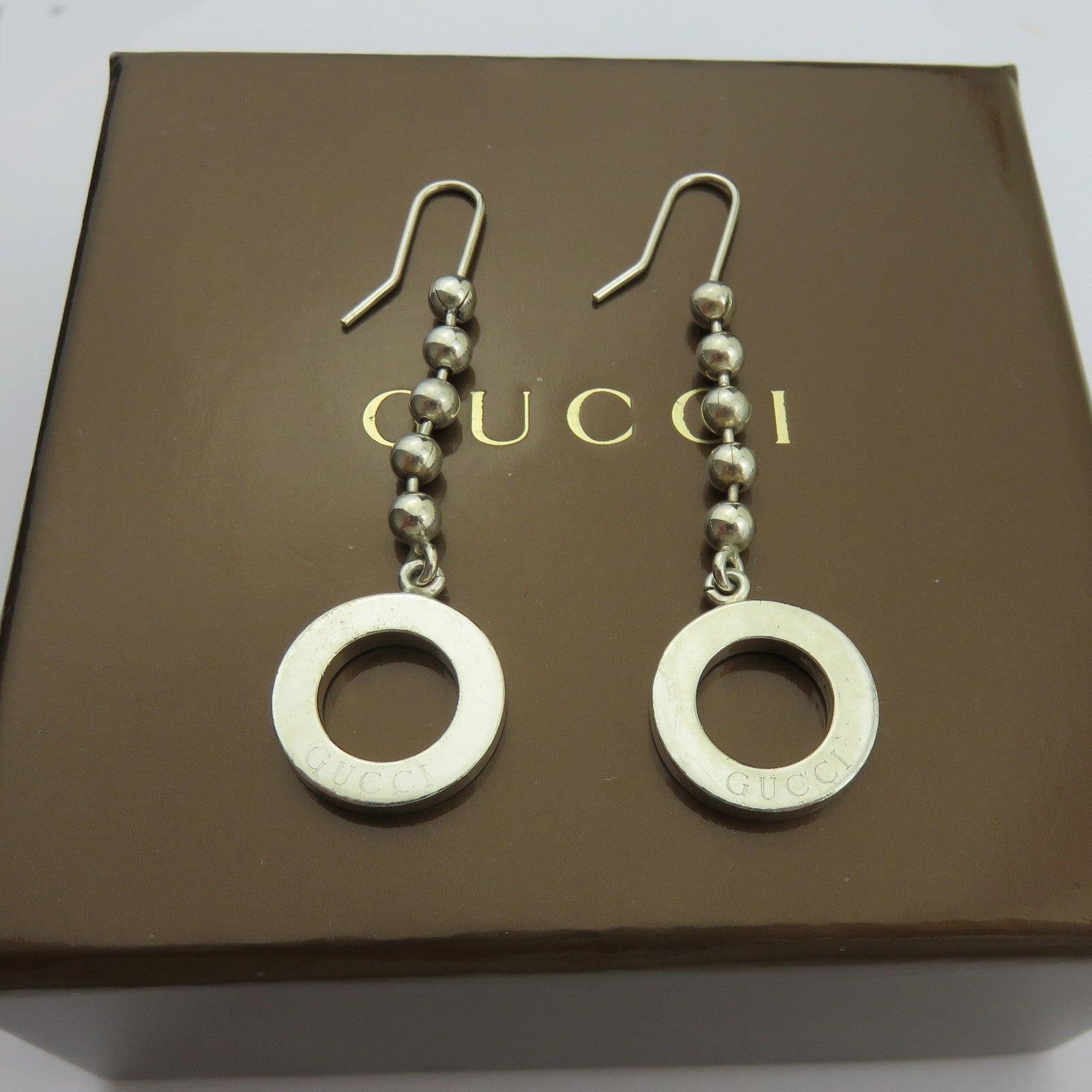 Gucci Circle Drop Dangle Earrings 925 Sterling Silver Authentic w/ Box Italy