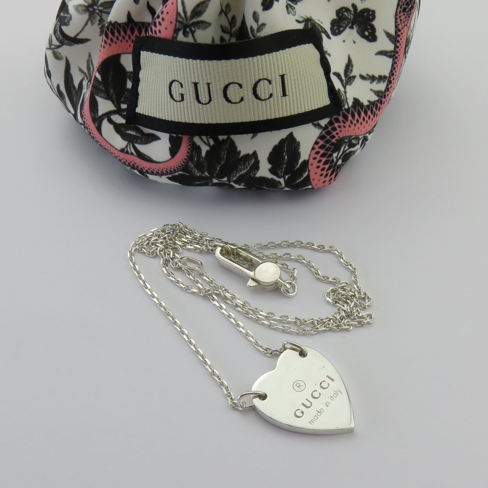 Gucci 925 Sterling Silver Trademark Heart Pendant Necklace Authentic with Pouch