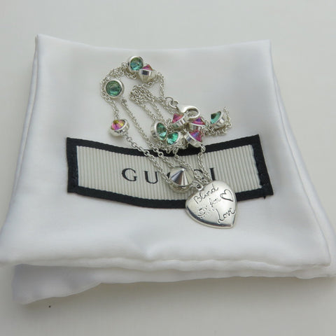 Gucci 925 Silver Red Green Rhinestones Blind for Love Heart Necklace Authentic