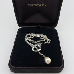 TIFFANY & CO 925 Silver Open Heart 9 mm Pearl Lariat Necklace w/ Jewelry Box