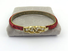 GUCCI Red Leather 24KT Gold Plated Metal GG Bangle Price Includes US Tariff