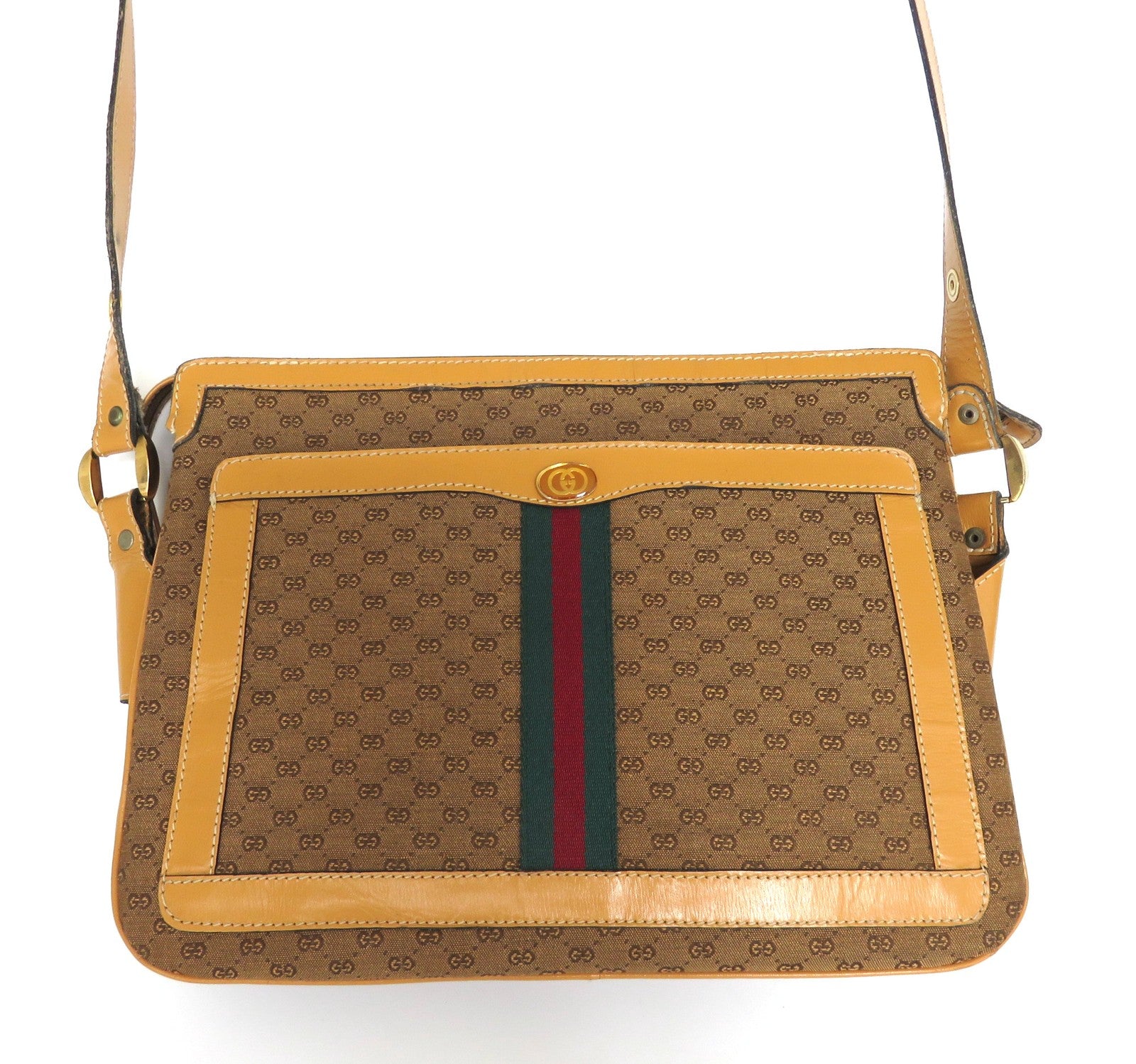 GUCCI Vintage Brown GG Monogram Canvas Leather Unisex Shoulder Bag Authentic