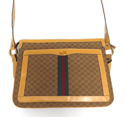 GUCCI Vintage Brown GG Monogram Canvas Leather Unisex Shoulder Bag Authentic